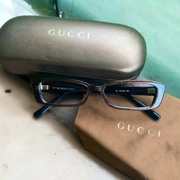 Authentic Gucci rectangle glitter eyeglasses frame brown gold preppy - Picture 1 of 8